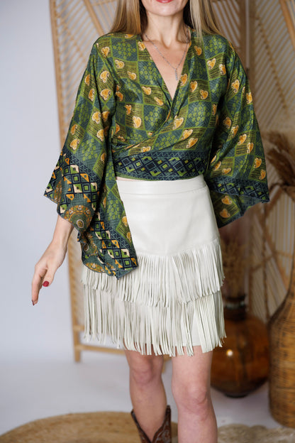 Regular Up-Cycled Sari Bell Sleeve Wrap Tie Top #109