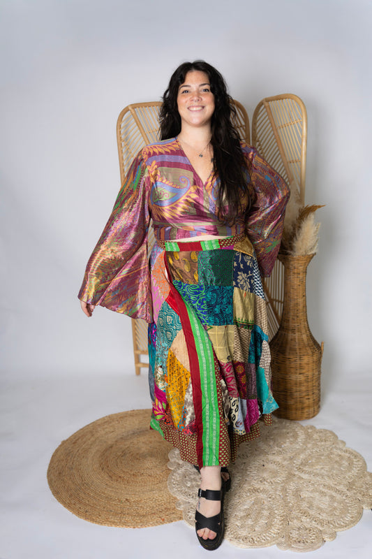 Plus Up-Cycled Sari Bell Sleeve Wrap Tie Top #111