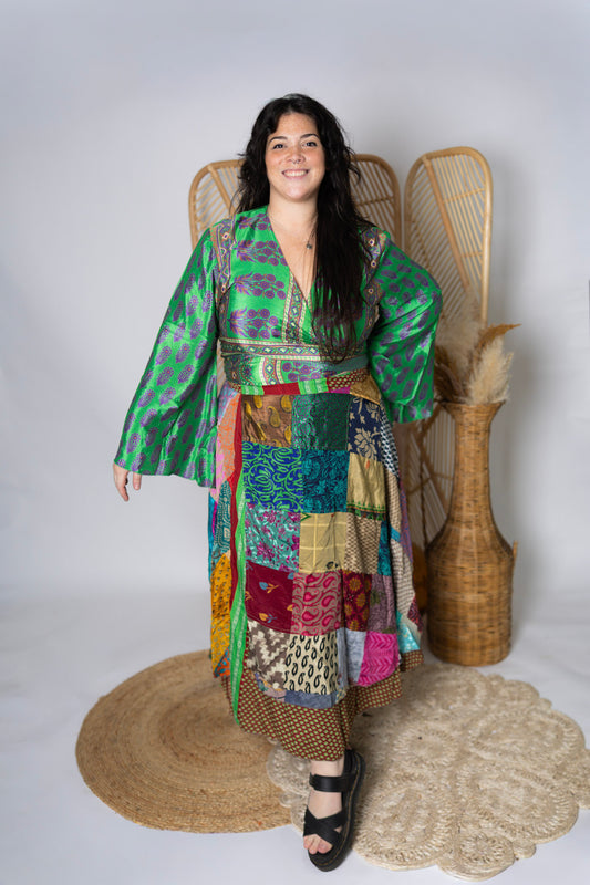 Plus Up-Cycled Sari Bell Sleeve Wrap Tie Top #112