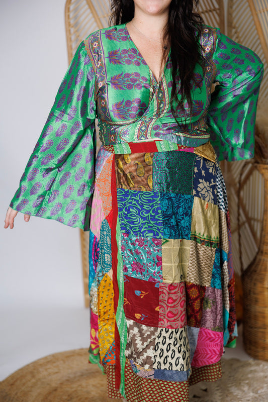 Plus Up-Cycled Sari Bell Sleeve Wrap Tie Top #112