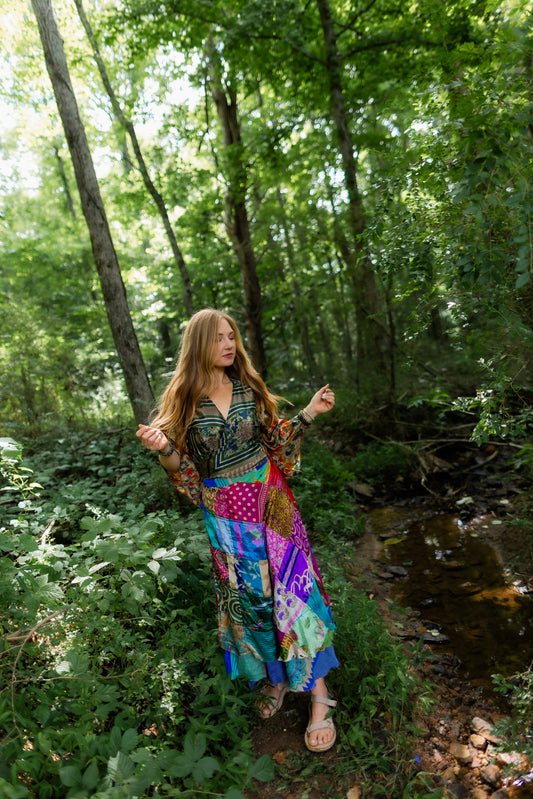 Regular Upcycled Sari Bell Sleeve Wrap Tie Top #236