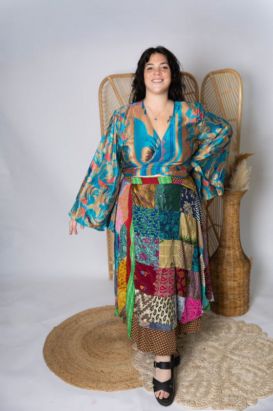 Plus Up-Cycled Sari Bell Sleeve Wrap Tie Top #113