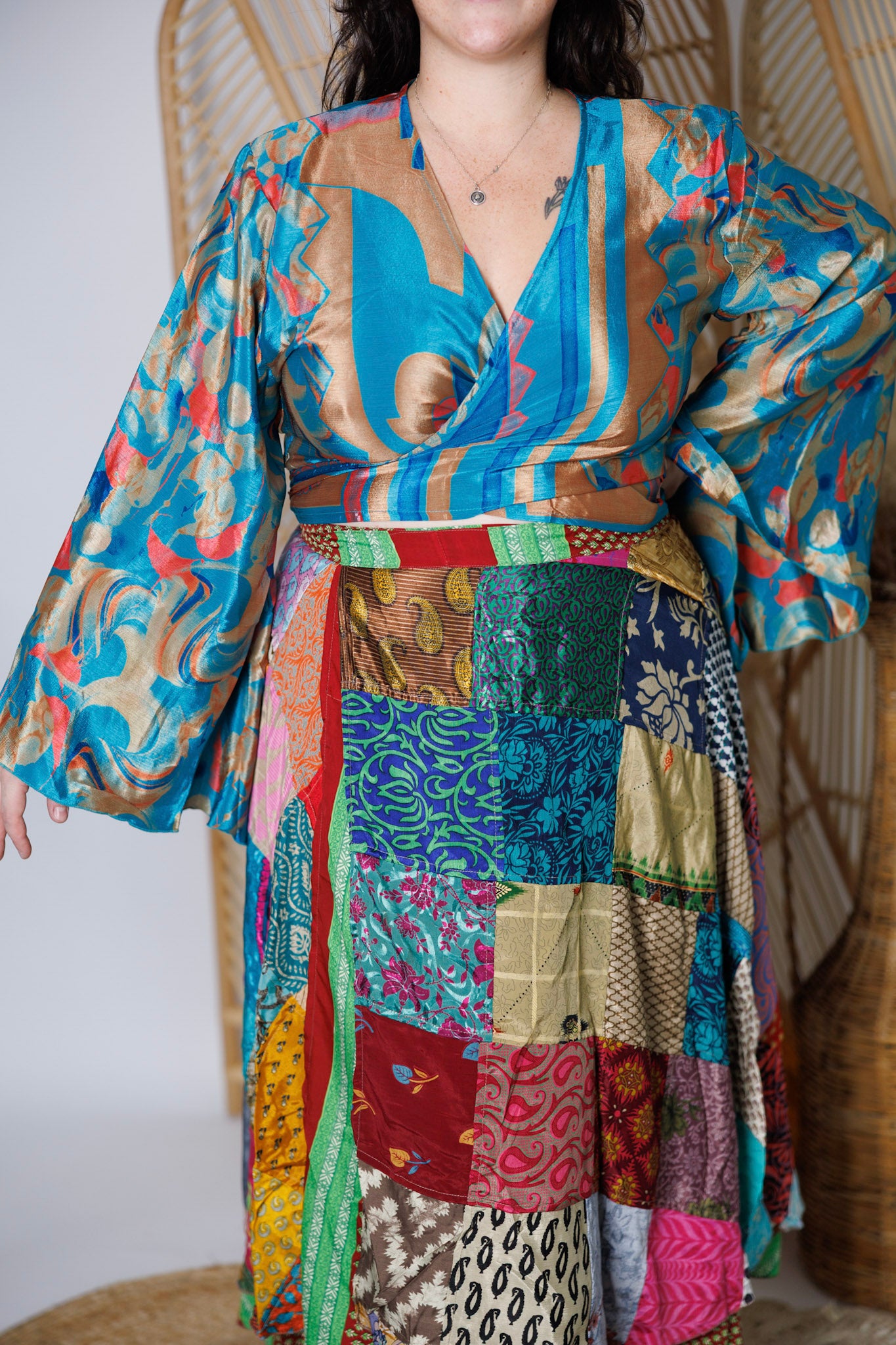 Plus Up-Cycled Sari Bell Sleeve Wrap Tie Top #113