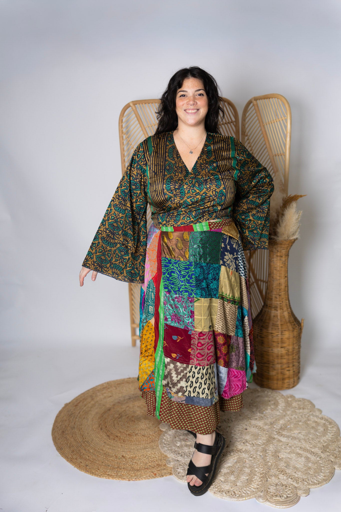 Plus Up-Cycled Sari Bell Sleeve Wrap Tie Top #114