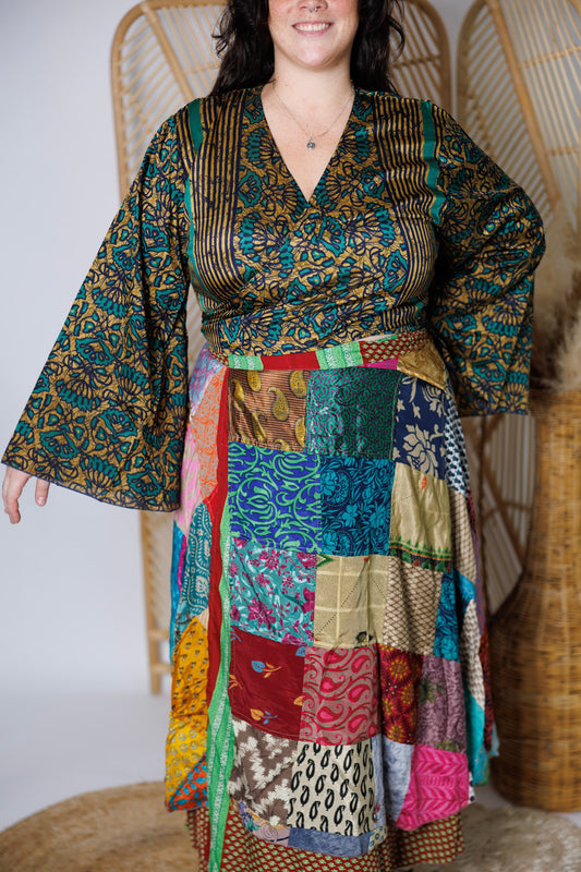Plus Up-Cycled Sari Bell Sleeve Wrap Tie Top #114