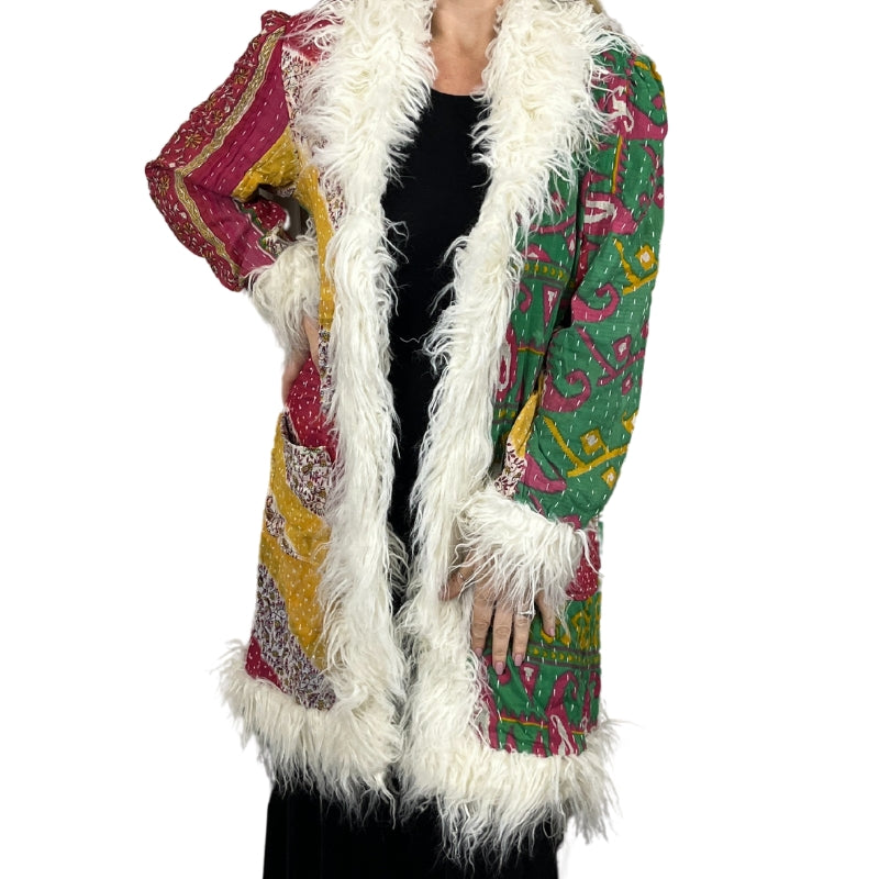 100% Up-cycled Cotton Fur Lined Kantha Jacket