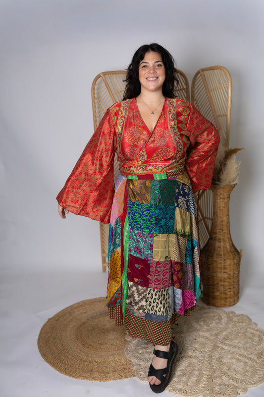 Plus Up-Cycled Sari Bell Sleeve Wrap Tie Top #115