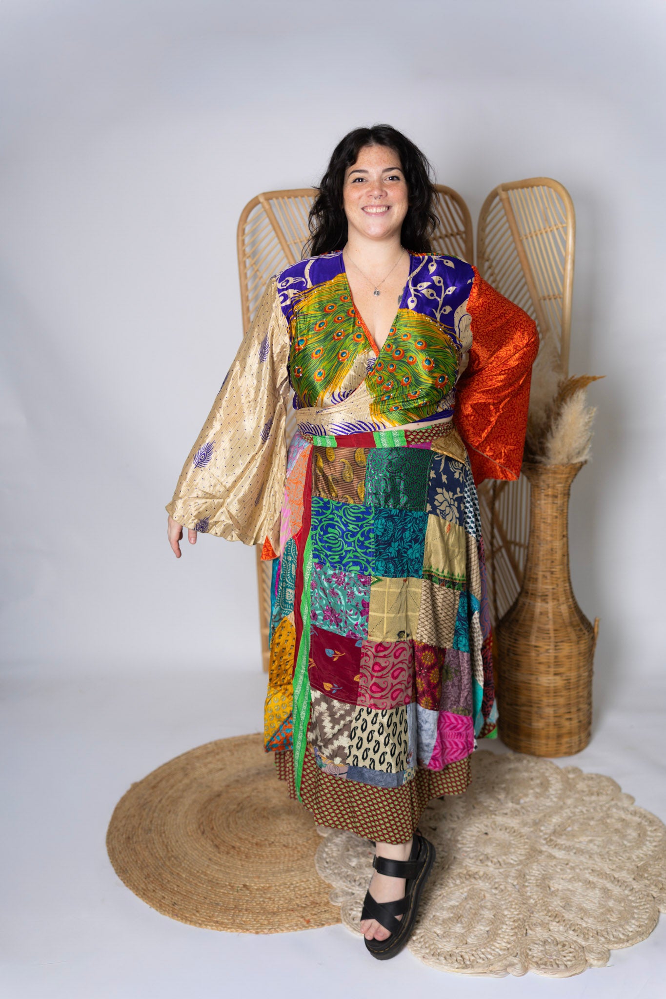 Plus Up-Cycled Sari Bell Sleeve Wrap Tie Top #116