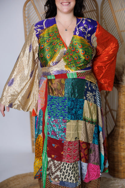 Plus Up-Cycled Sari Bell Sleeve Wrap Tie Top #116