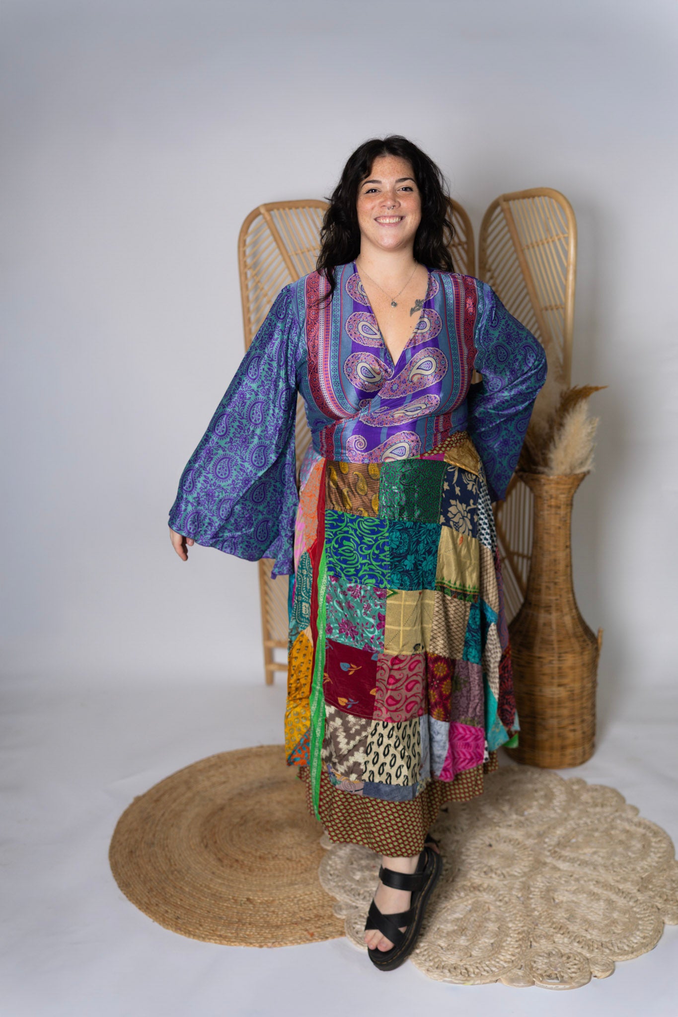 Plus Up-Cycled Sari Bell Sleeve Wrap Tie Top #117