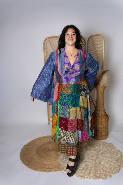 Plus Up-Cycled Sari Bell Sleeve Wrap Tie Top #117