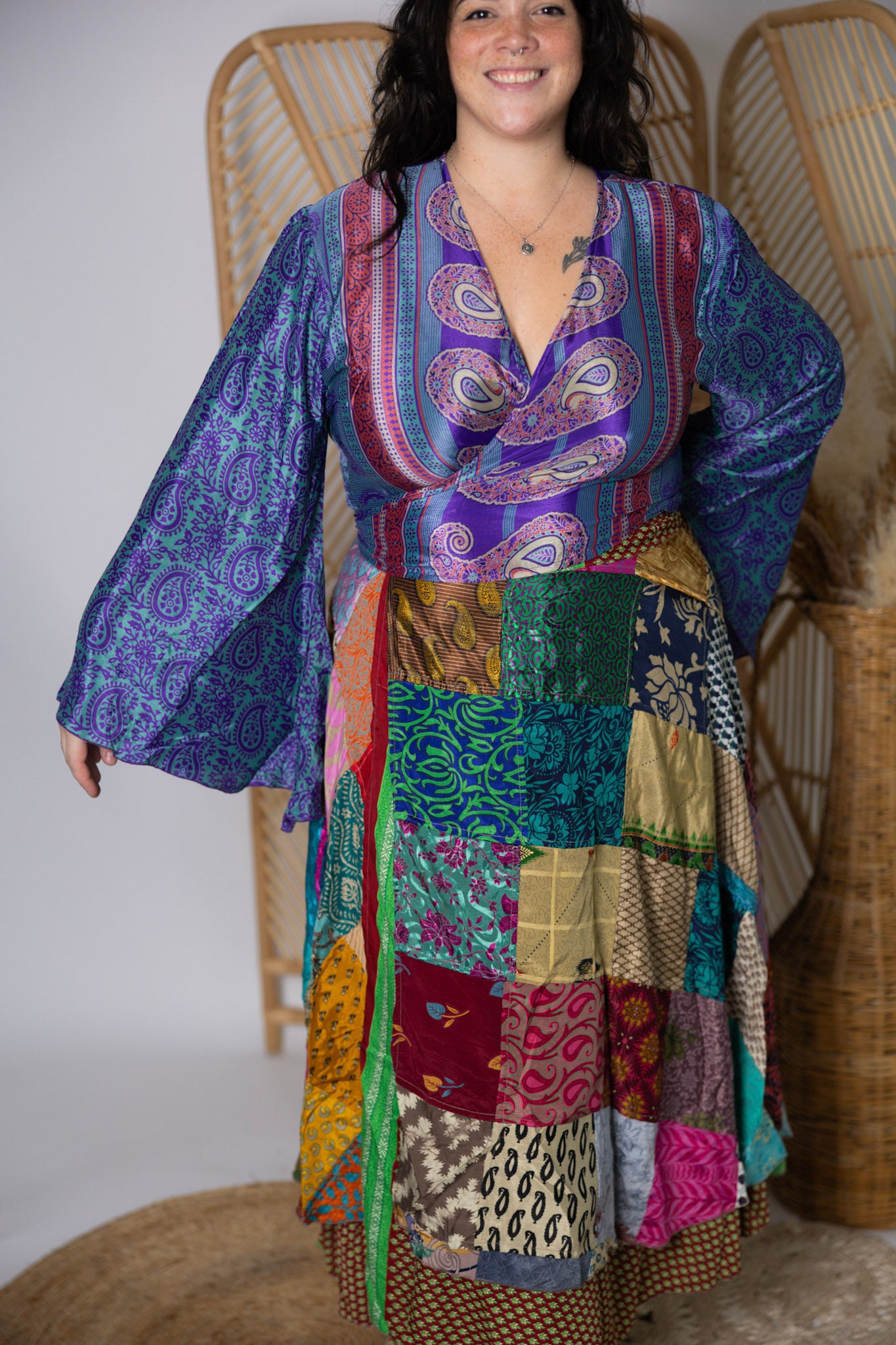 Plus Up-Cycled Sari Bell Sleeve Wrap Tie Top #117