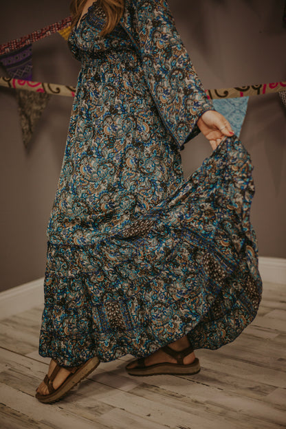 Regular 100% New Silk Long Sleeve Maxi Dress- Indigo Wanderlust