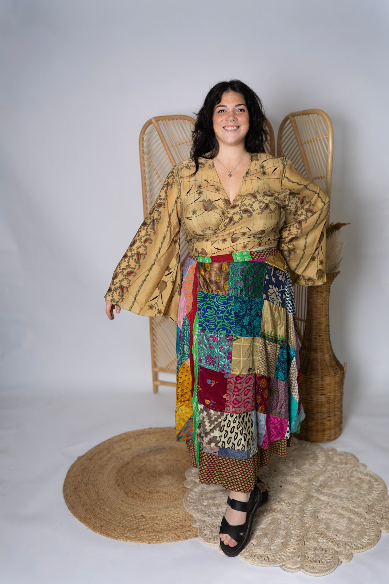 Plus Up-Cycled Sari Bell Sleeve Wrap Tie Top #118