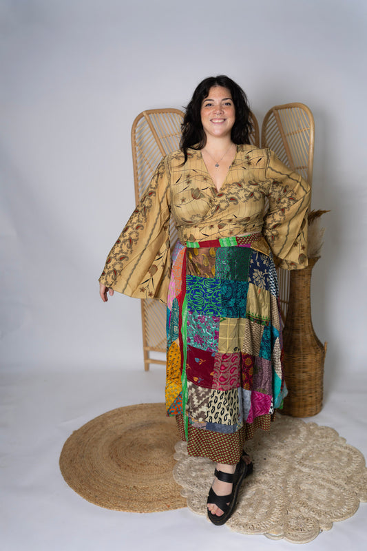 Plus Up-Cycled Sari Bell Sleeve Wrap Tie Top #118