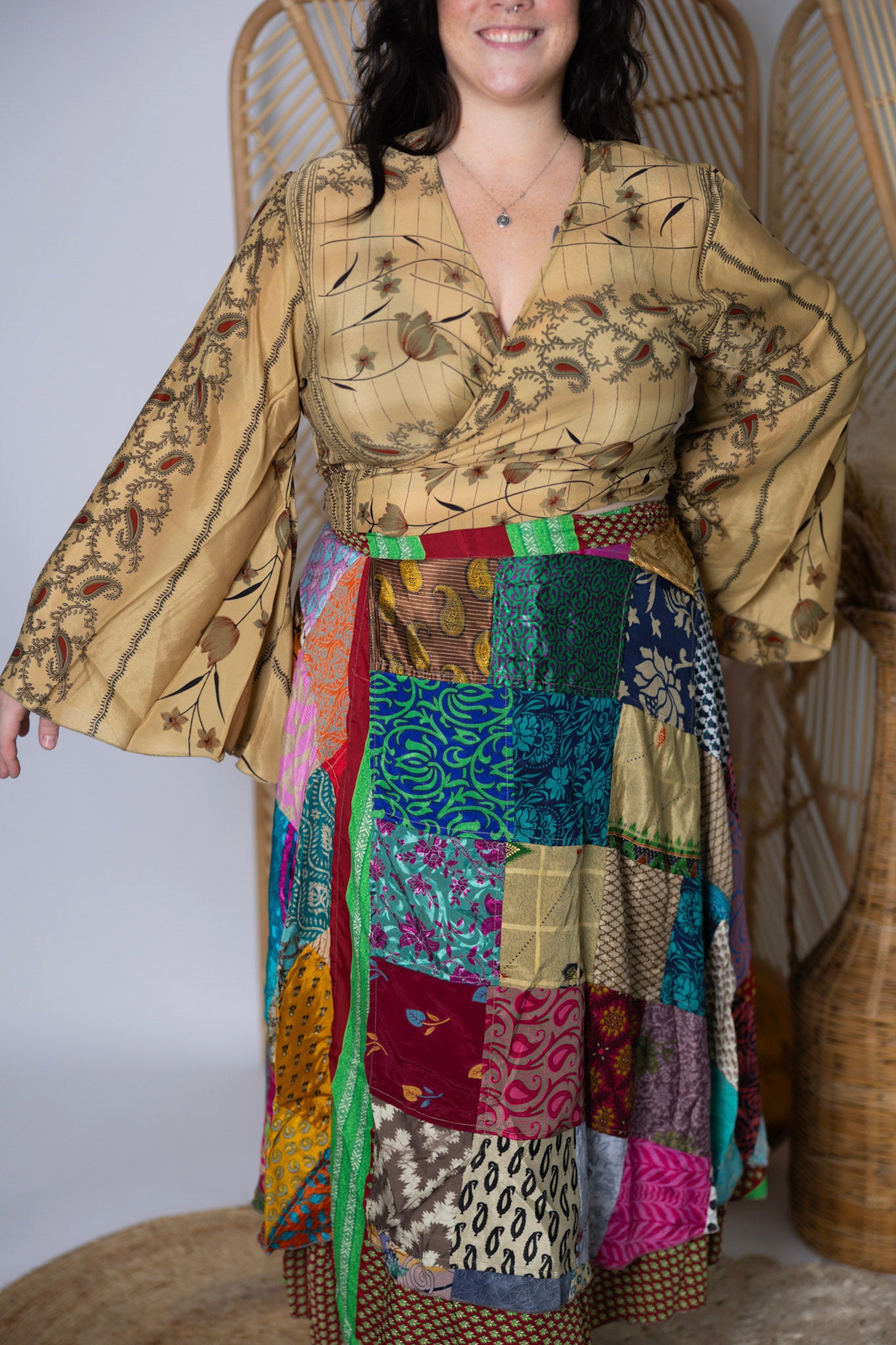 Plus Up-Cycled Sari Bell Sleeve Wrap Tie Top #118