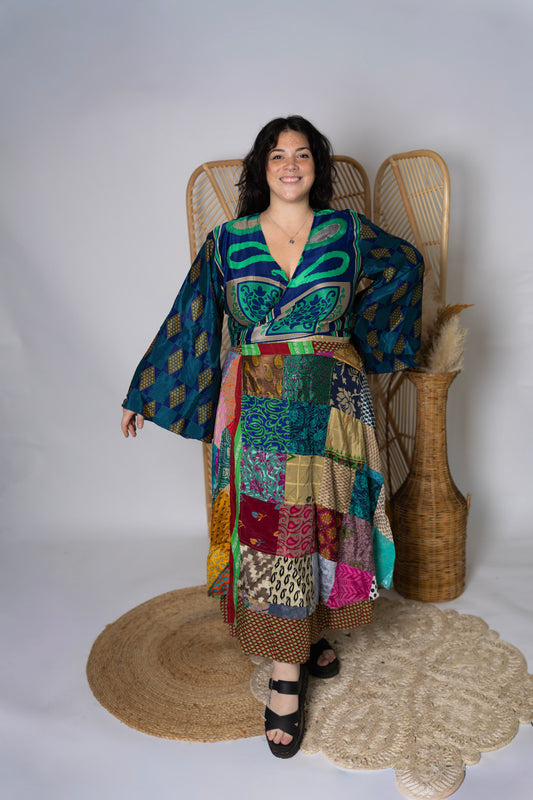 Plus Up-Cycled Sari Bell Sleeve Wrap Tie Top #119
