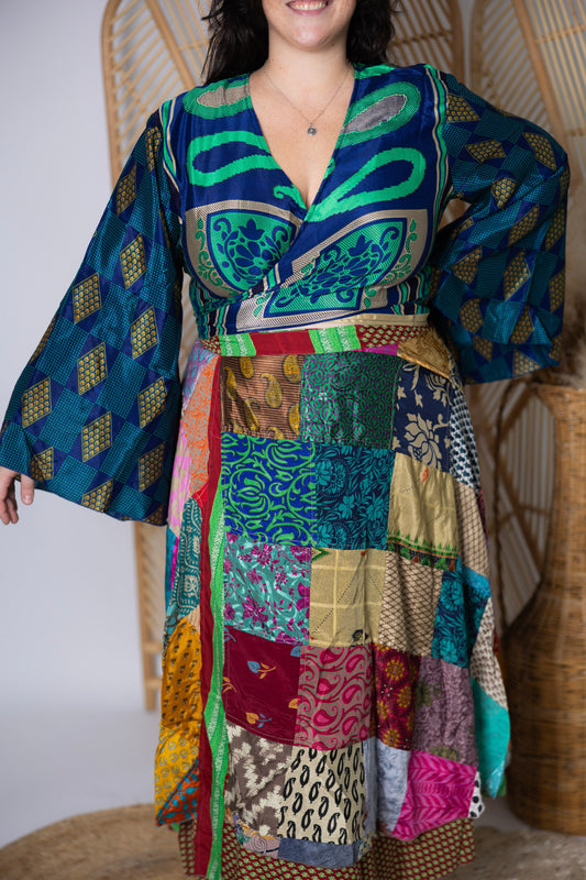 Plus Up-Cycled Sari Bell Sleeve Wrap Tie Top #119