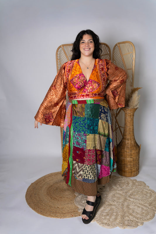 Plus Up-Cycled Sari Bell Sleeve Wrap Tie Top #120