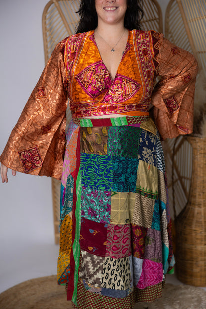 Plus Up-Cycled Sari Bell Sleeve Wrap Tie Top #120