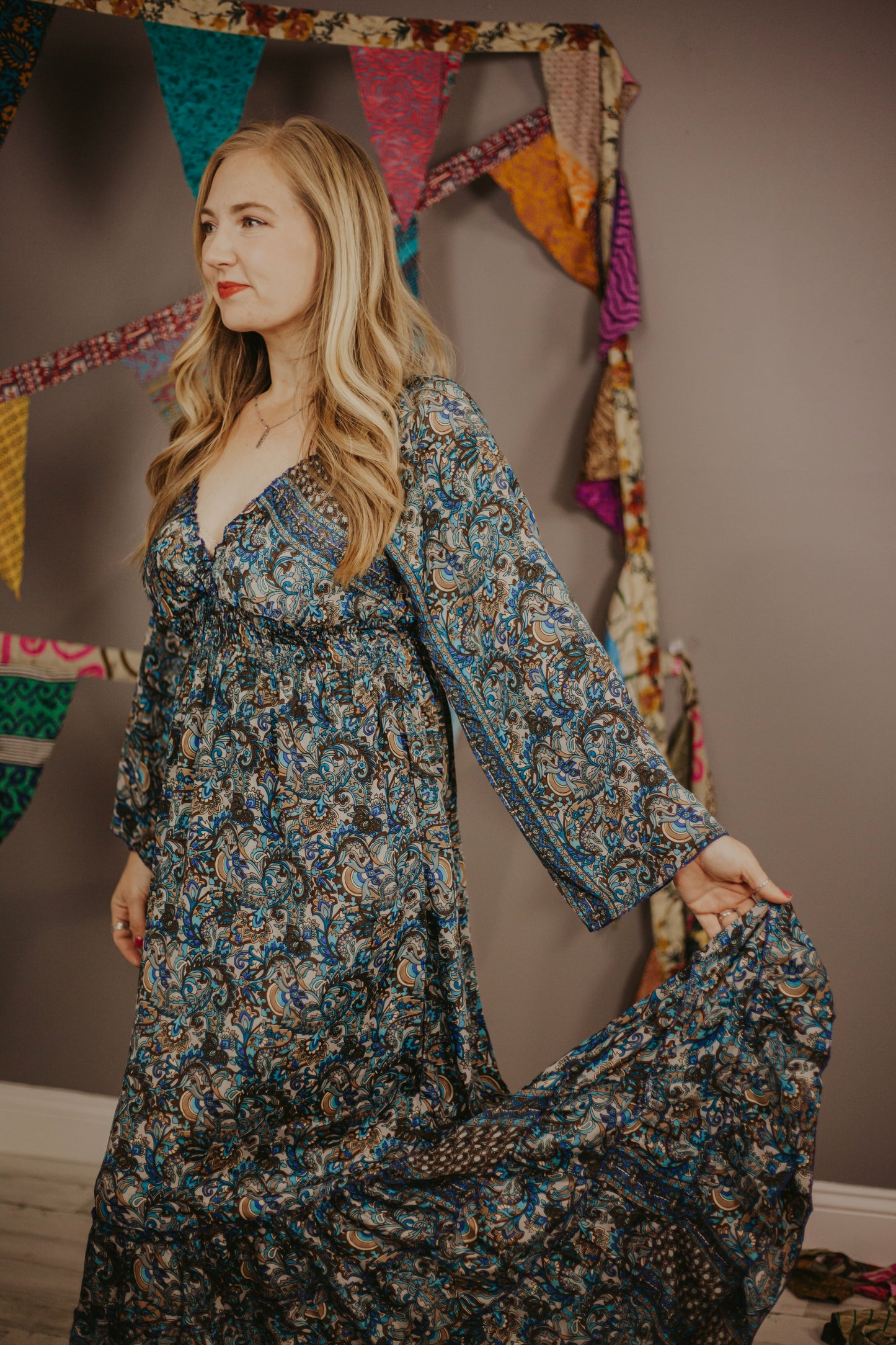 Regular 100% New Silk Long Sleeve Maxi Dress- Indigo Wanderlust