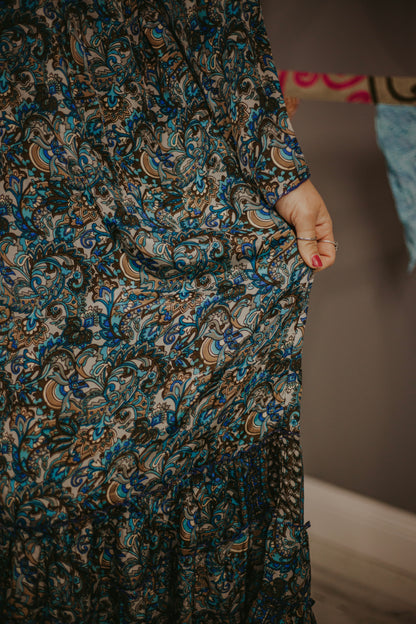 Regular 100% New Silk Long Sleeve Maxi Dress- Indigo Wanderlust