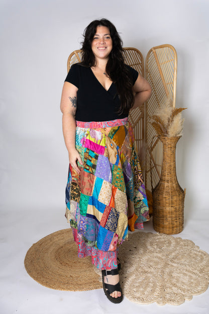 Plus Size Reversible Patchwork Sari Wrap Skirt #154
