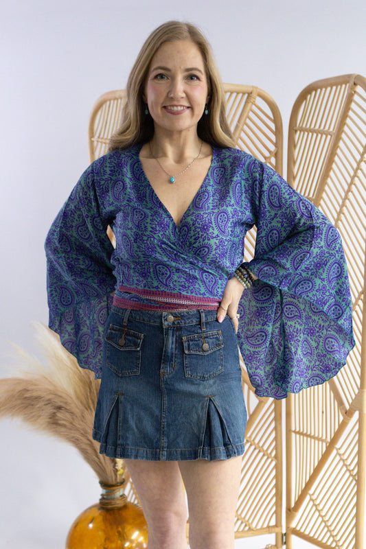 Regular Upcycled Sari Bell Sleeve Wrap Tie Top #236
