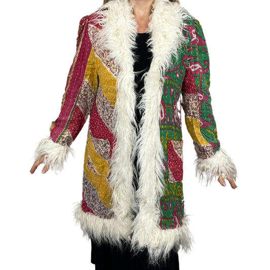 100% Up-cycled Cotton Fur Lined Kantha Jacket