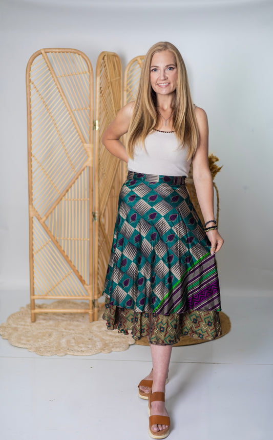Regular/Tea Length Up-Cycled Reversible Sari Wrap Skirt #72