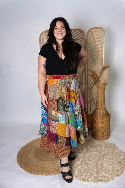 Plus Size Reversible Patchwork Sari Wrap Skirt #158