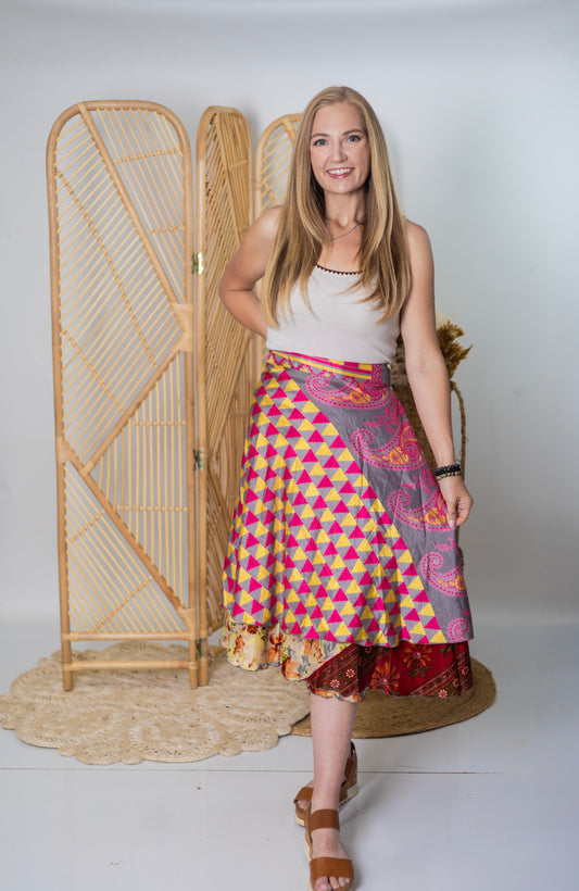 Regular/Tea Length Up-Cycled Reversible Sari Wrap Skirt #60