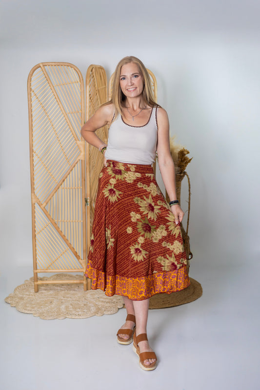 Regular/Tea Length Up-Cycled Reversible Sari Wrap Skirt #78