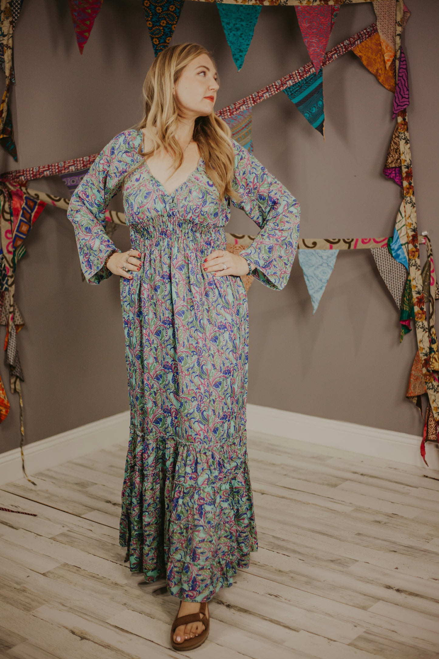 Regular 100% New Silk Long Sleeve Maxi Dress- Baby Blue Paisley
