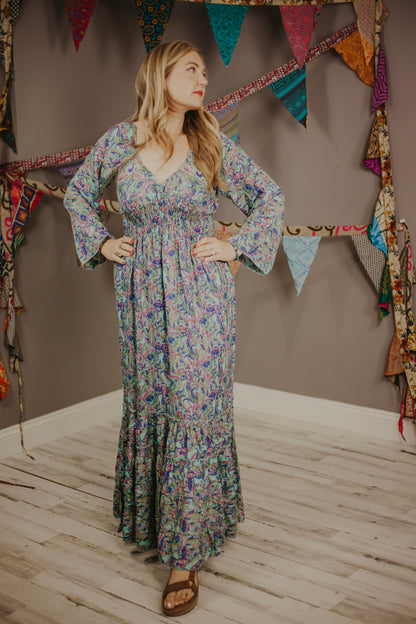 Regular 100% New Silk Long Sleeve Maxi Dress- Baby Blue Paisley