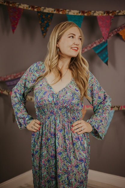 Regular 100% New Silk Long Sleeve Maxi Dress- Baby Blue Paisley