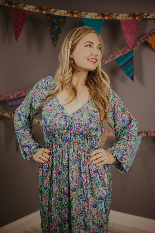 Regular 100% New Silk Long Sleeve Maxi Dress- Baby Blue Paisley