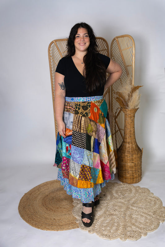 Plus Size Reversible Patchwork Sari Wrap Skirt #153