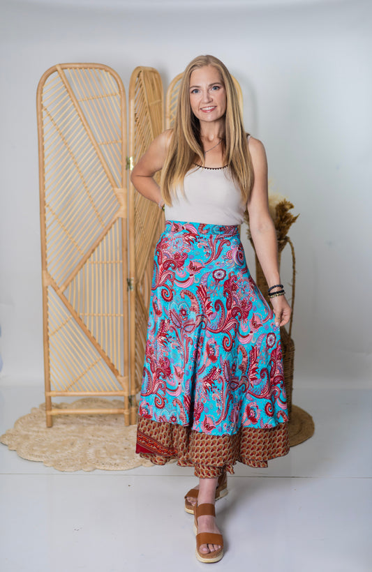 Regular/Maxi Length Up-Cycled Reversible Sari Wrap Skirt #11