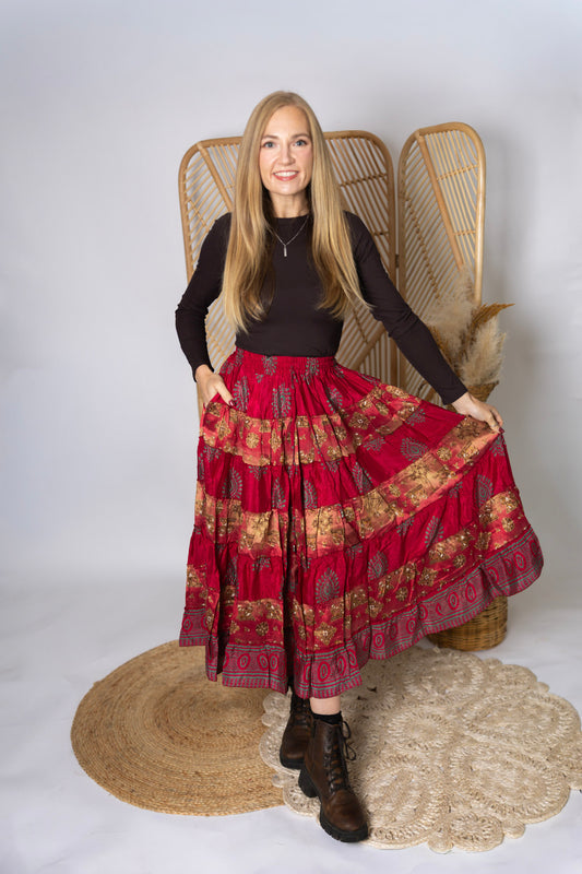 Regular Up-Cycled Sari Elastic Band Tiered Skirt #161