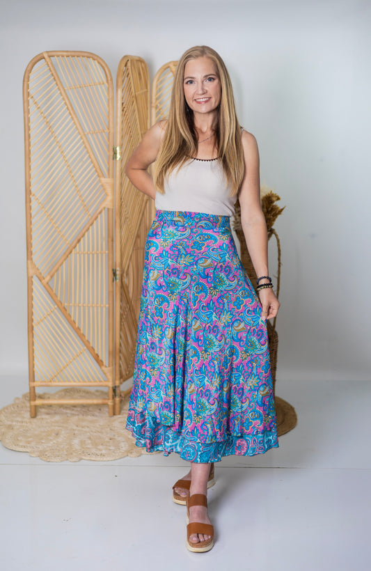 Regular/Maxi Length Up-Cycled Reversible Sari Wrap Skirt #19