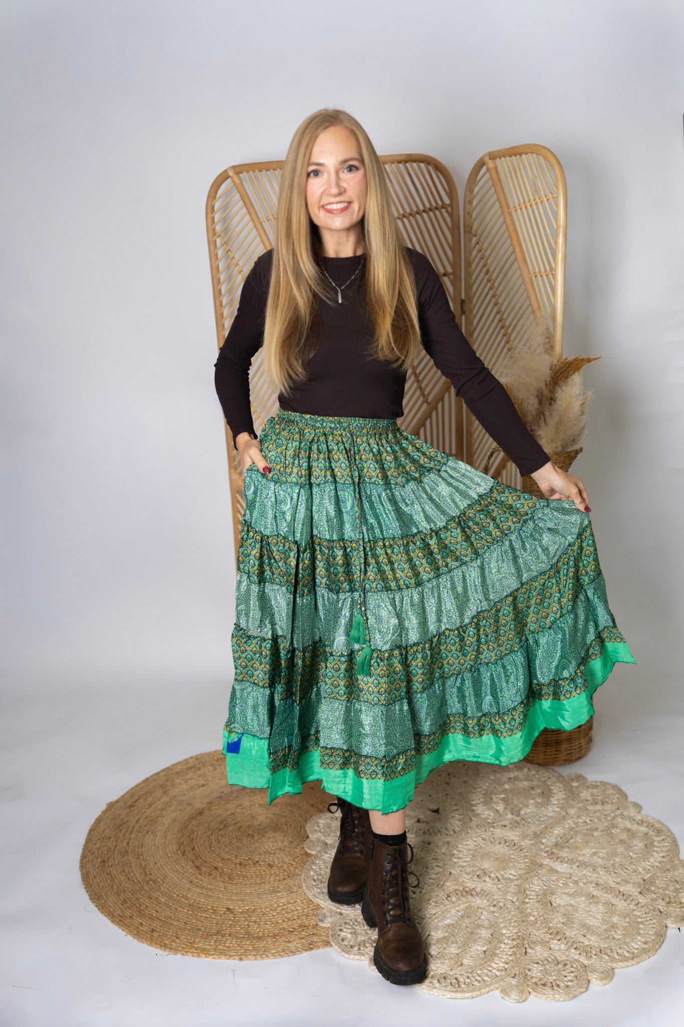Regular Up-Cycled Sari Elastic Band Tiered Skirt #162