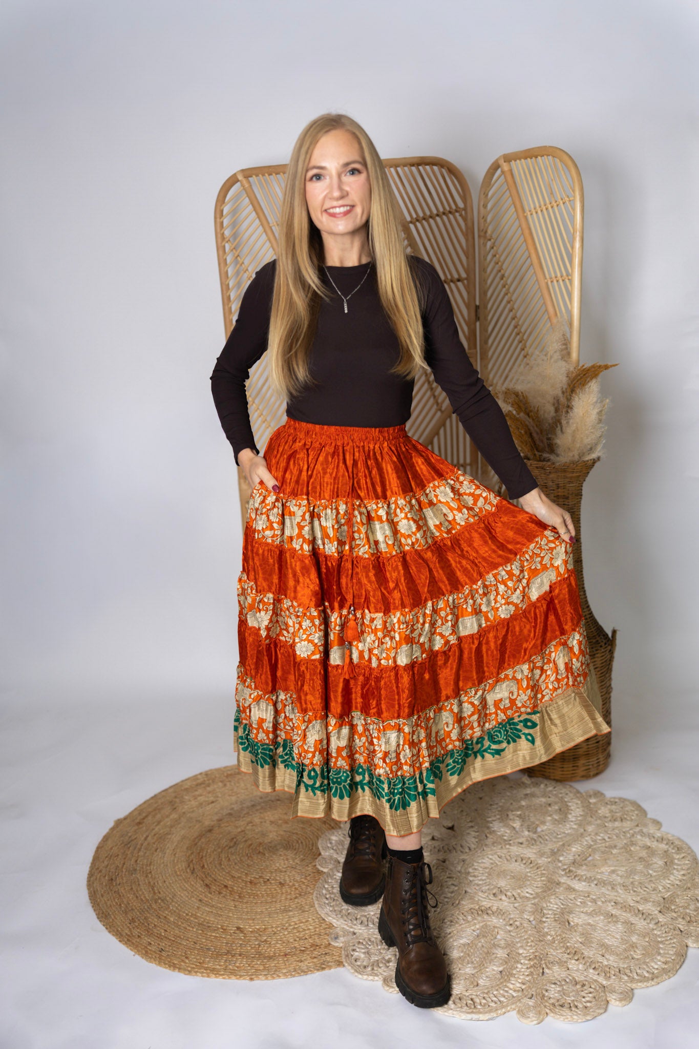 Regular Up-Cycled Sari Elastic Band Tiered Skirt #163