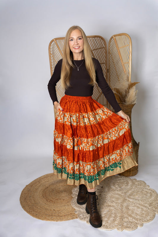 Regular Up-Cycled Sari Elastic Band Tiered Skirt #163