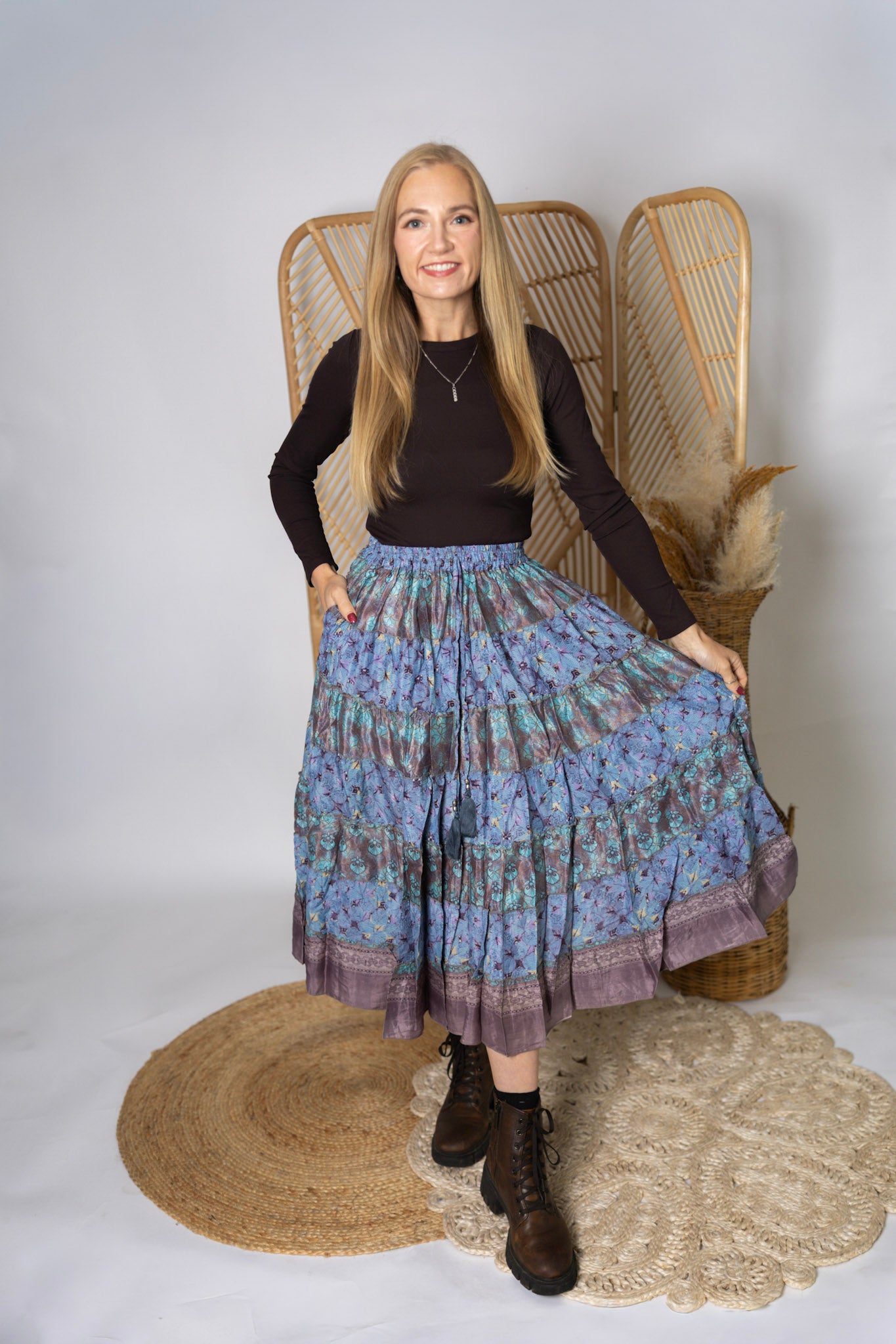 Regular Up-Cycled Sari Elastic Band Tiered Skirt #164