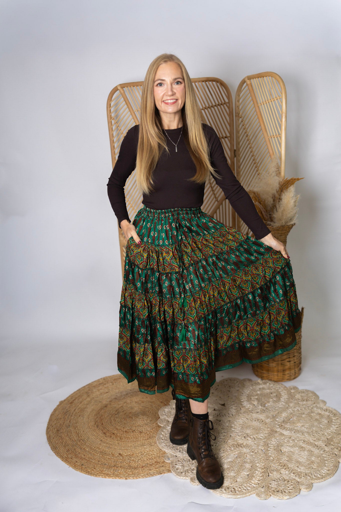 Regular Up-Cycled Sari Elastic Band Tiered Skirt #165