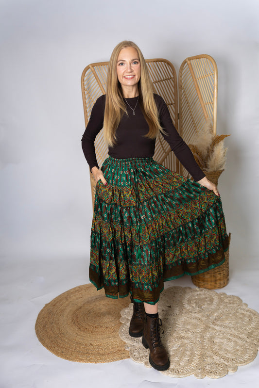 Regular Up-Cycled Sari Elastic Band Tiered Skirt #165