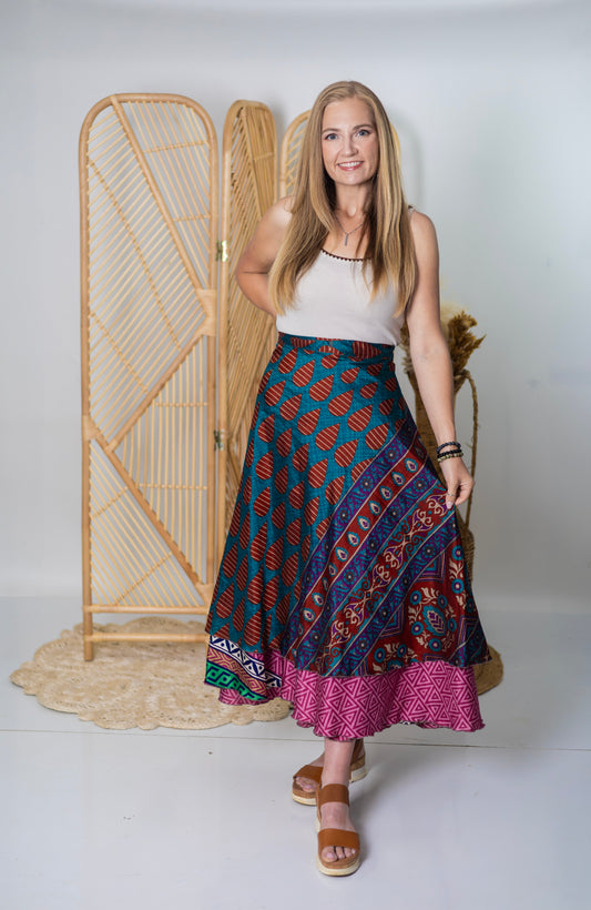 Regular/Maxi Length Up-Cycled Reversible Sari Wrap Skirt #37