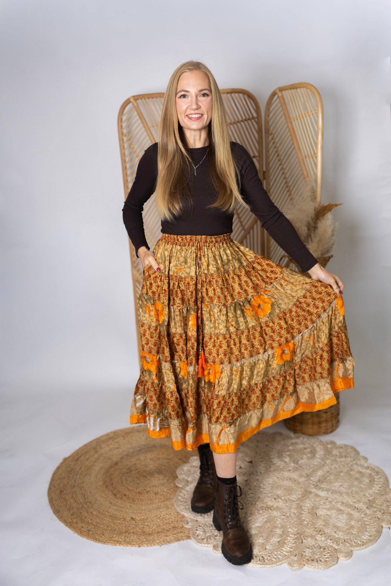 Regular Up-Cycled Sari Elastic Band Tiered Skirt #167