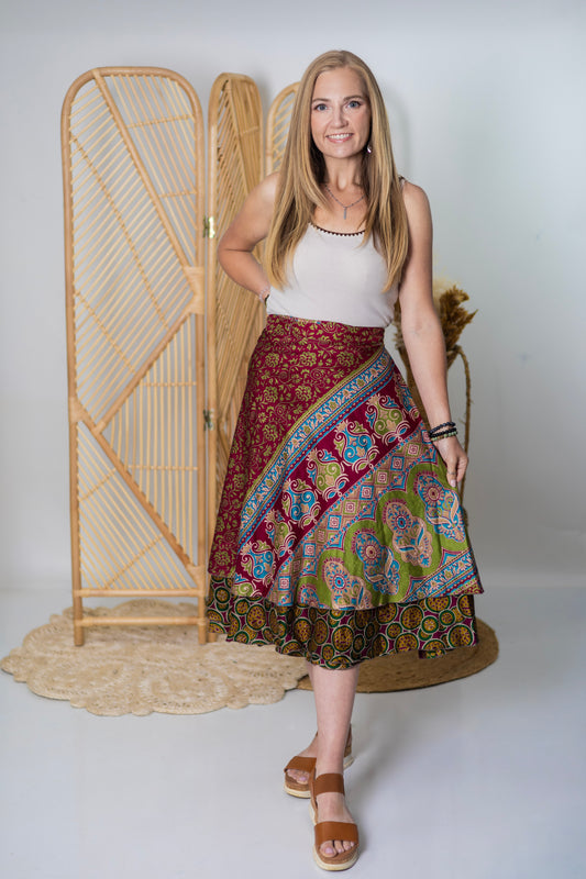 Regular/Tea Length Up-Cycled Reversible Sari Wrap Skirt #95
